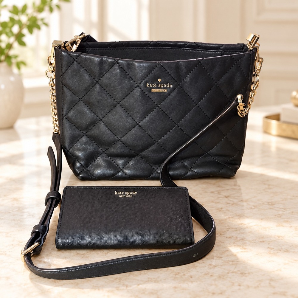 Kate Spade Black Quilted Crossbody Purse & Matching Wallet 2-Piece Set